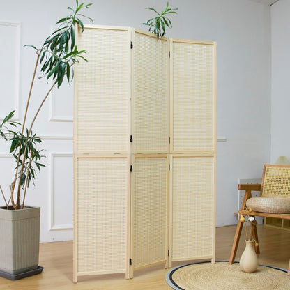 3 Panel Room Divider and Folding Screen Room Divider,Two in One Detachable and Foldable Bamboo Room Divider Screen for Room Separation,67" H x 46" W,Beige