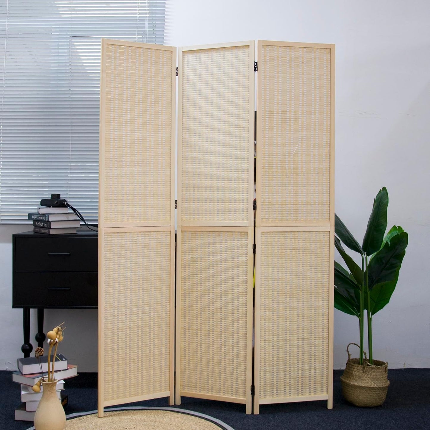 3 Panel Room Divider and Folding Screen Room Divider,Two in One Detachable and Foldable Bamboo Room Divider Screen for Room Separation,67" H x 46" W,Beige