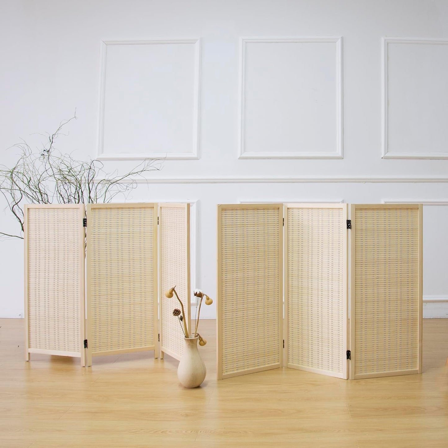 3 Panel Room Divider and Folding Screen Room Divider,Two in One Detachable and Foldable Bamboo Room Divider Screen for Room Separation,67" H x 46" W,Beige