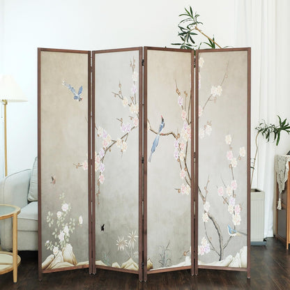 4 Panel Room Divider Screen,Double Faced Blackout Room Divider Folding Panel Screen Divider for Room Separation,Plums and Birds,67" H x 63" W