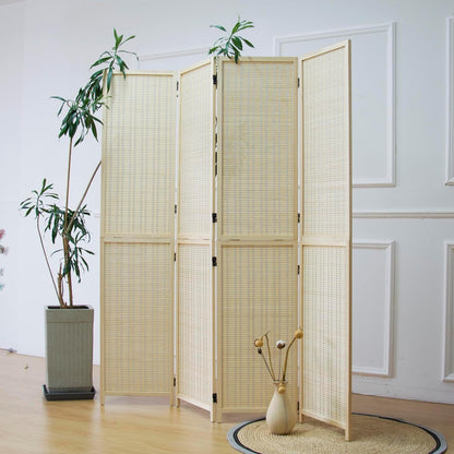 4 Panel Room Divider and Folding Screen Room Divider,Two in One Detachable and Foldable Bamboo Room Divider Screen for Room Separation,Beige,67" H x 61.4" W