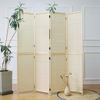 4 Panel Room Divider and Folding Screen Room Divider,Two in One Detachable and Foldable Bamboo Room Divider Screen for Room Separation,Beige,67" H x 61.4" W