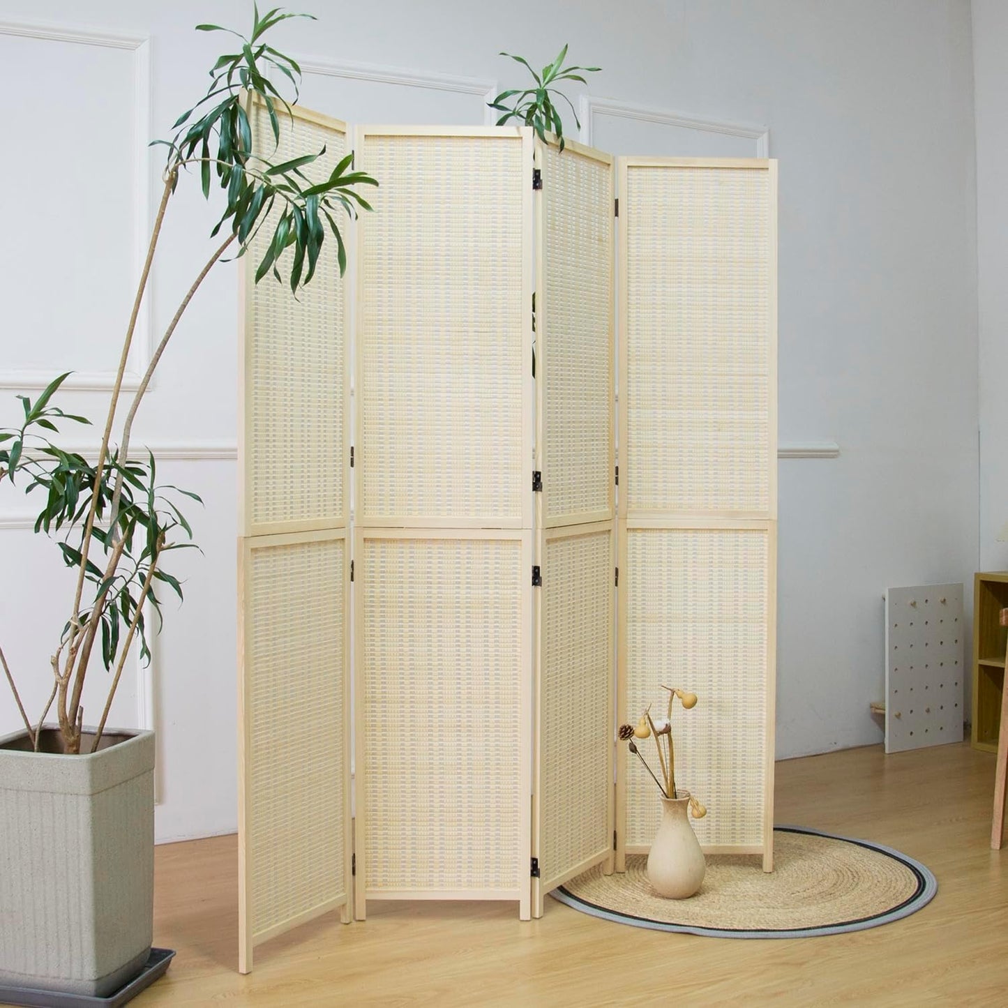 4 Panel Room Divider and Folding Screen Room Divider,Two in One Detachable and Foldable Bamboo Room Divider Screen for Room Separation,Beige,67" H x 61.4" W