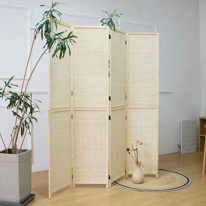 4 Panel Room Divider and Folding Screen Room Divider,Two in One Detachable and Foldable Bamboo Room Divider Screen for Room Separation,Beige,67" H x 61.4" W