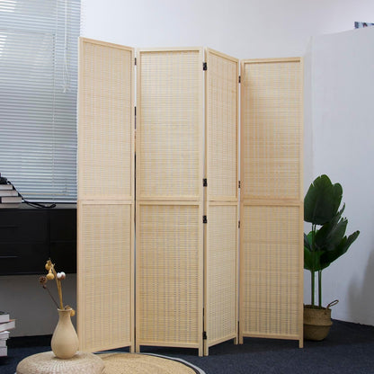 4 Panel Room Divider and Folding Screen Room Divider,Two in One Detachable and Foldable Bamboo Room Divider Screen for Room Separation,Beige,67" H x 61.4" W