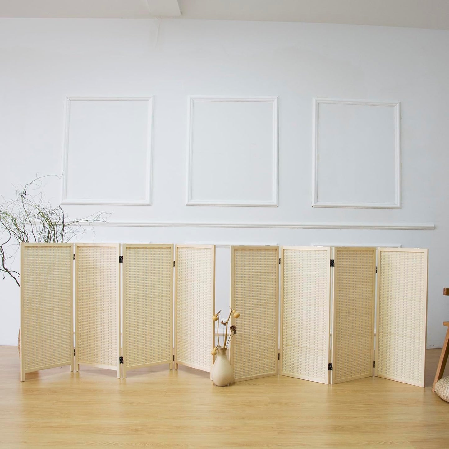 4 Panel Room Divider and Folding Screen Room Divider,Two in One Detachable and Foldable Bamboo Room Divider Screen for Room Separation,Beige,67" H x 61.4" W