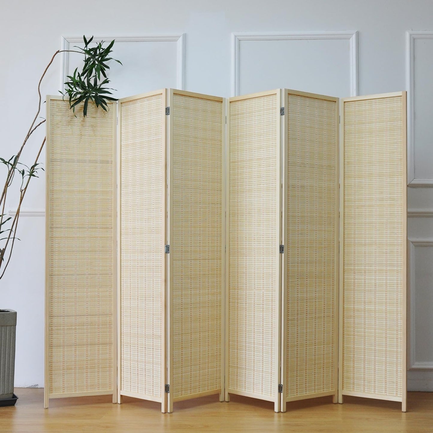 6 Panel Room Divider and Folding Screen Room Divider,Bamboo Room Divider for Room Separation,Beige,67" H x 92.1" W