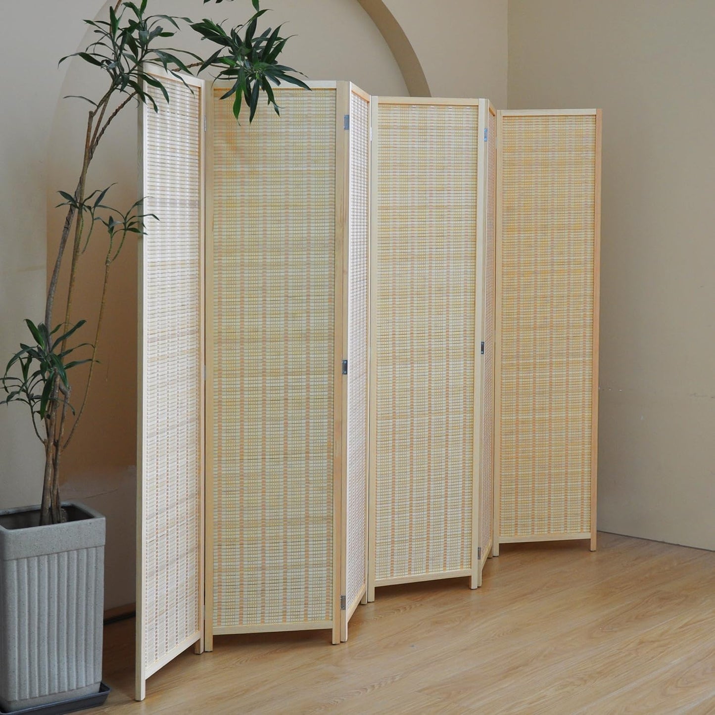 6 Panel Room Divider and Folding Screen Room Divider,Bamboo Room Divider for Room Separation,Beige,67" H x 92.1" W