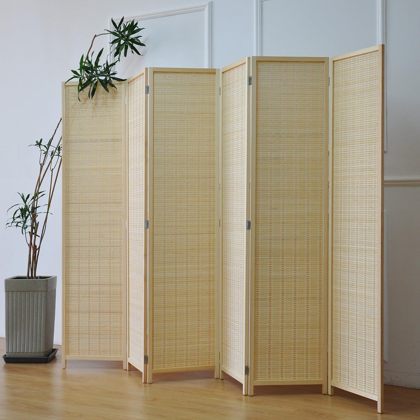 6 Panel Room Divider and Folding Screen Room Divider,Bamboo Room Divider for Room Separation,Beige,67" H x 92.1" W