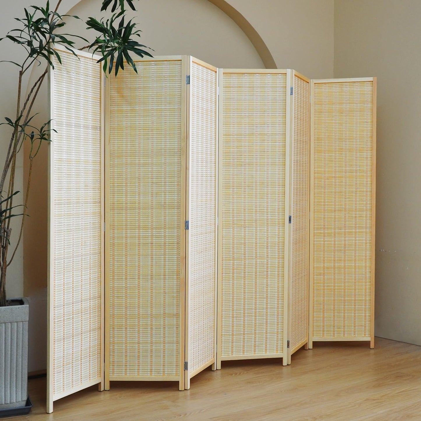 6 Panel Room Divider and Folding Screen Room Divider,Bamboo Room Divider for Room Separation,Beige,67" H x 92.1" W