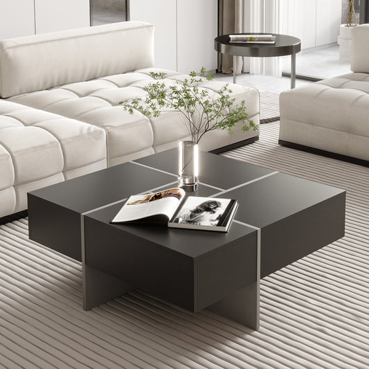 Furnnylane Modern Coffee Table with 4 Drawers,Square Coffee Table with Storage for Living Room,Black,31.5" D x 31.5" W x 13.8" H