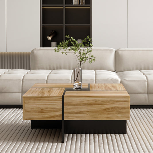 Furnnylane Modern Coffee Table with 4 Drawers,Square Coffee Table with Storage for Living Room,Oak,31.5" D x 31.5" W x 13.8" H