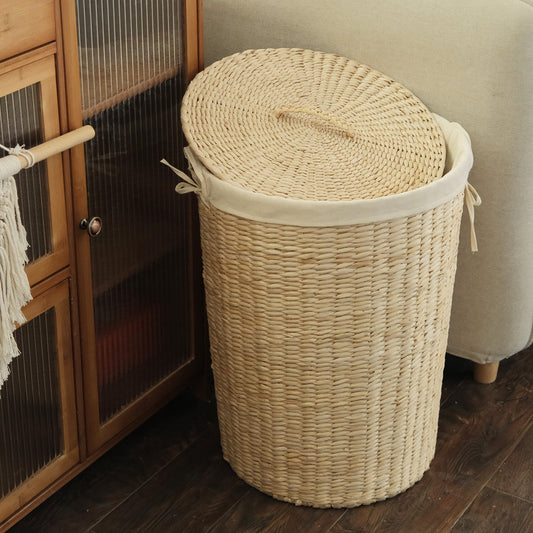 Furnnylane Handmade Wicker Laundry Basket with Lid,Hand-woven Laundry Hamper with Removable Liner,Large Laundery Basket with Ample Laundry Space