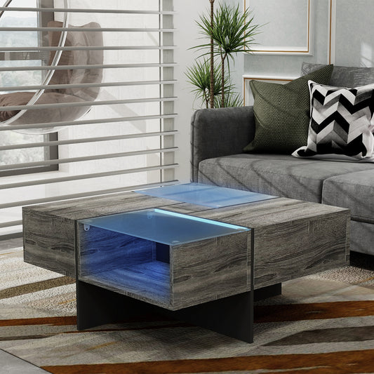 Furnnylane LED Coffee Table with 2 Drawers,Square Coffee Table with Storages for Living Room,Grey,35.4" D x 35.4" W x 15.7" H