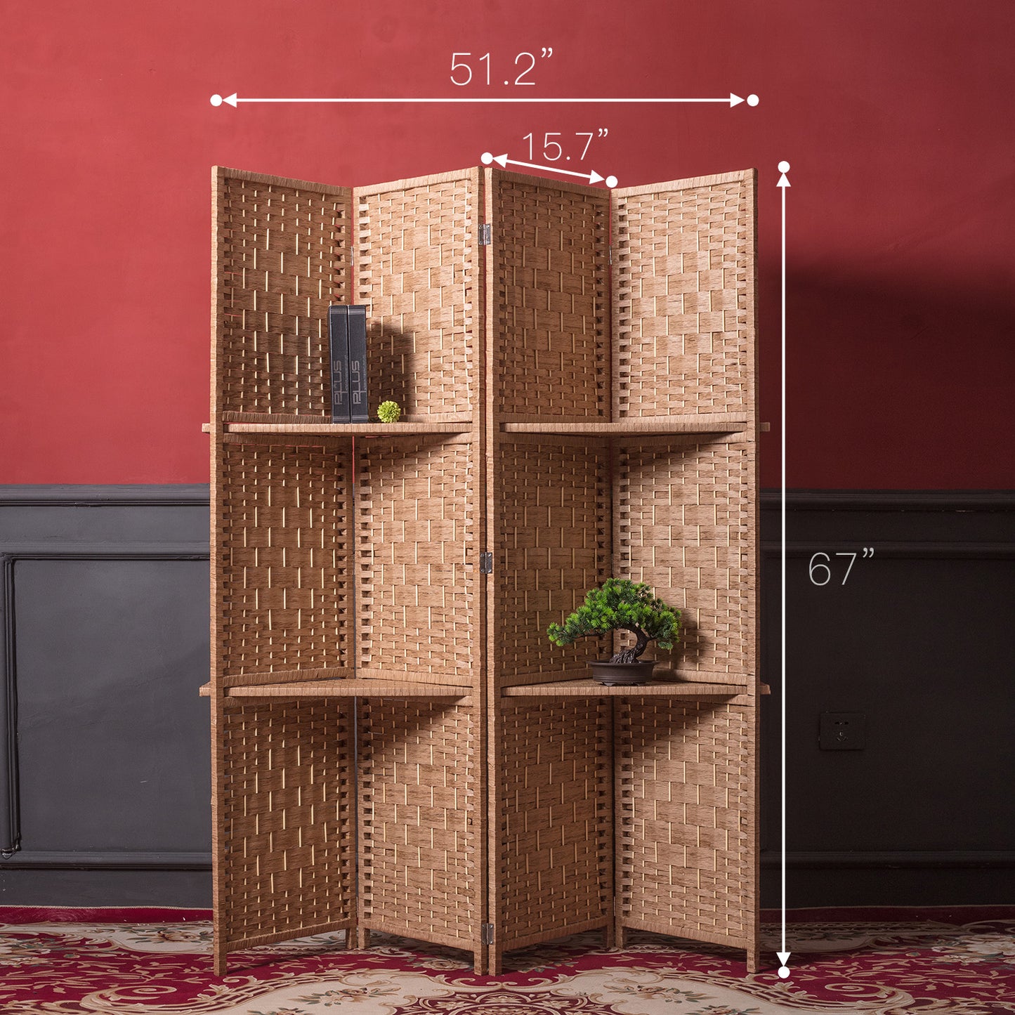 Furnnylane 4 Panel Room Divider Screen and Folding Room Divider with Shelves,Panel Room Divider Screen with Removable Storage Shelves,67" H x 51.2" W