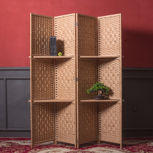 Furnnylane 4 Panel Room Divider Screen and Folding Room Divider with Shelves,Panel Room Divider Screen with Removable Storage Shelves,67" H x 51.2" W