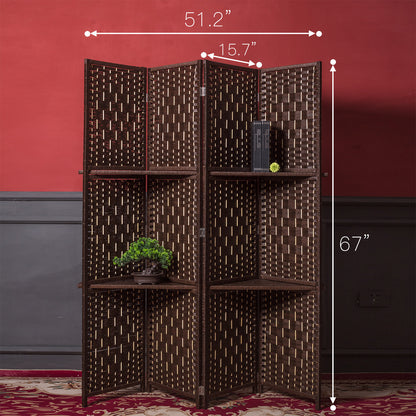 Furnnylane 4 Panel Room Divider and Folding Divider for Room Separation,Panel Room Divider with Shelves,Dark Brown,67" H x 51.2" W