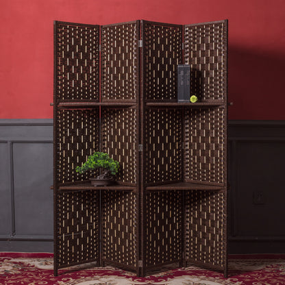 Furnnylane 4 Panel Room Divider and Folding Divider for Room Separation,Panel Room Divider with Shelves,Dark Brown,67" H x 51.2" W