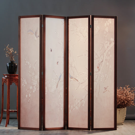 Furnnylane 4 Panel Room Divider Screen,Folding Wall Divider for Room Separation,Panel Room Divider,White Plum Blossom and Birds,67" H x 63" W