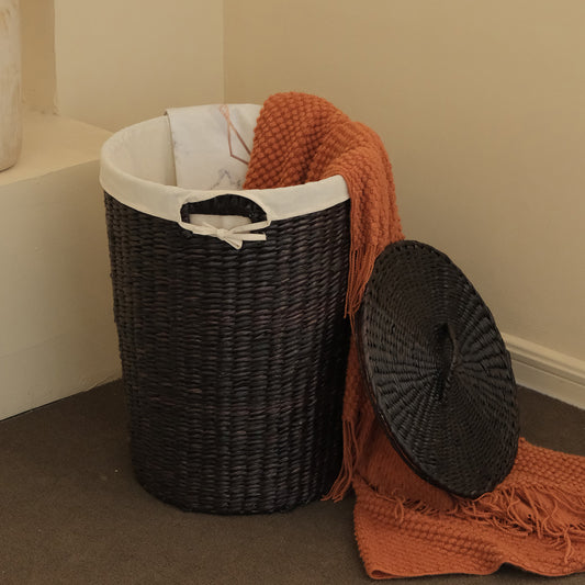 Furnnylane Handmade Wicker Laundry Basket with Lid,Hand-woven Laundry Hamper with Removable Liner,Large Laundery Basket with Ample Laundry Space,Coffee